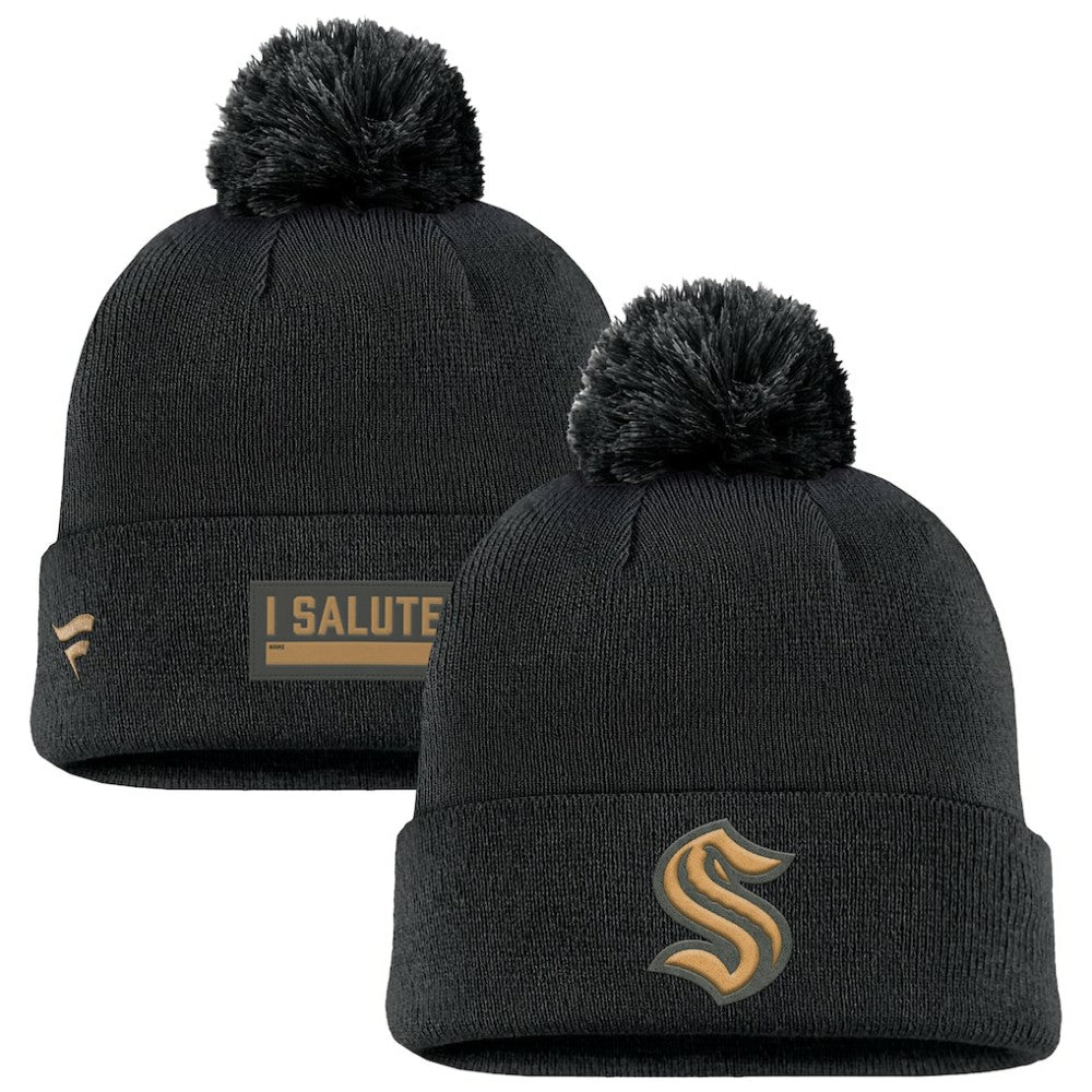 Seattle Kraken Fanatics Military Appreciation Cuffed Knit Hat with Pom - Black | Fanatics Lifestyle