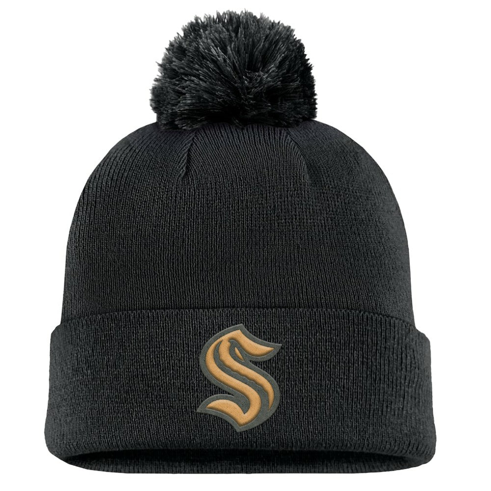 Seattle Kraken Fanatics Military Appreciation Cuffed Knit Hat with Pom - Black | Fanatics Lifestyle