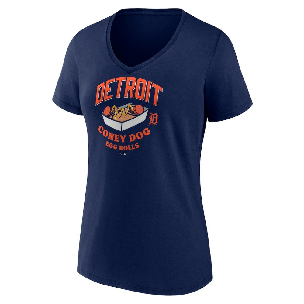 Detroit Tigers Women's Coney Dog Egg Rolls V-Neck T-Shirt Outlet