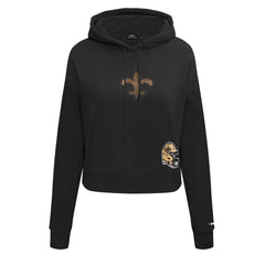 New Orleans Saints Pro Standard Women's Jeweled Cropped Pullover Hoodie - Black - NFL