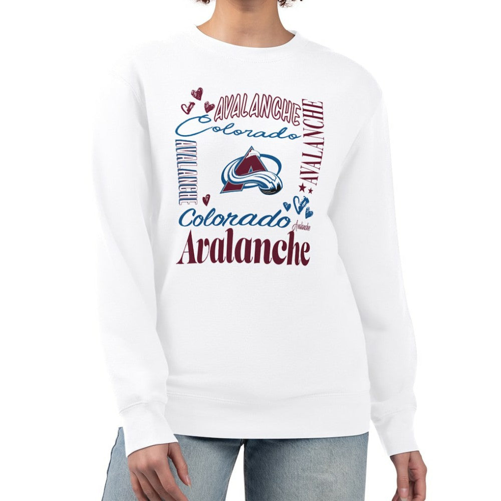 Colorado Avalanche G-III 4Her by Carl Banks Women's Collage Graphic Fleece Long Sleeve Pullover Sweatshirt - White | NHL on sale