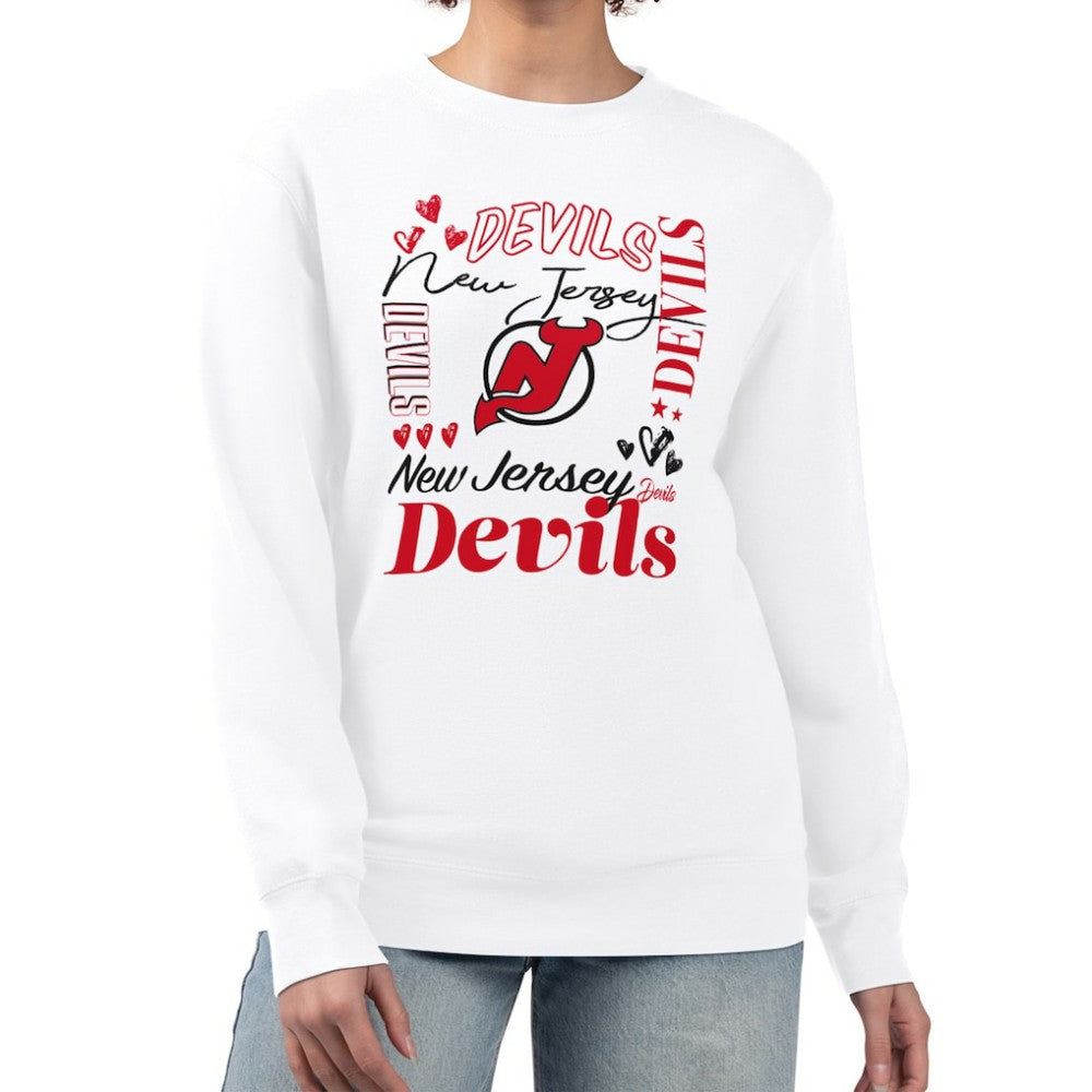 New Jersey Devils G-III 4Her by Carl Banks Women's Collage Graphic Fleece Long Sleeve Pullover Sweatshirt - White | NHL Lifestyle