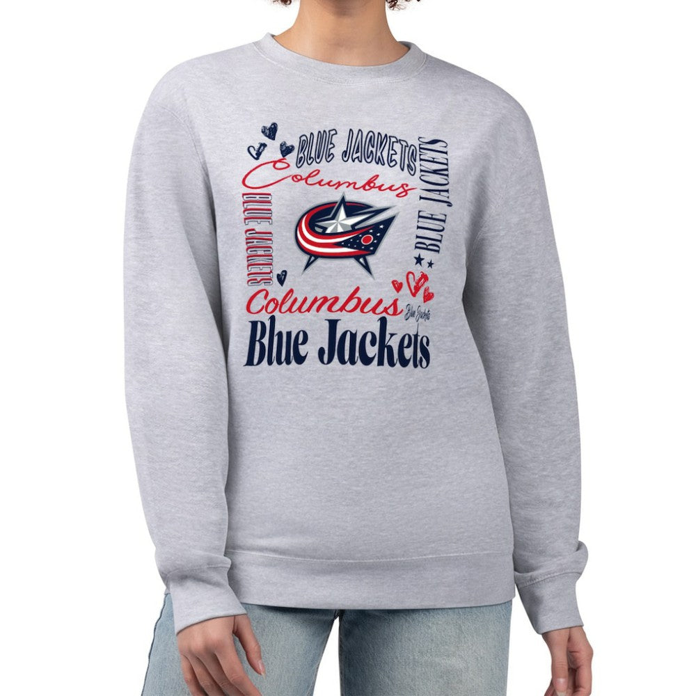 Columbus Blue Jackets G-III 4Her by Carl Banks Women's Collage Graphic Fleece Long Sleeve Pullover Sweatshirt - Heather Gray | NHL Clearance