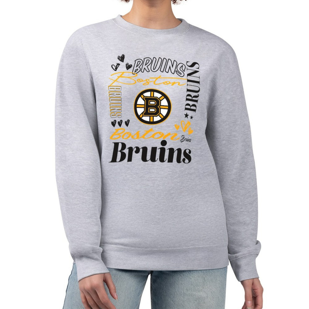 Boston Bruins G-III 4Her by Carl Banks Women's Collage Graphic Fleece Long Sleeve Pullover Sweatshirt - Heather Gray | NHL Clearance