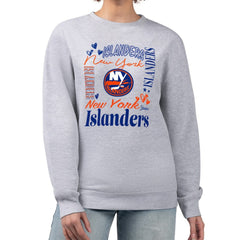 New York Islanders G-III 4Her by Carl Banks Women's Collage Graphic Fleece Long Sleeve Pullover Sweatshirt - Heather Gray | NHL sale