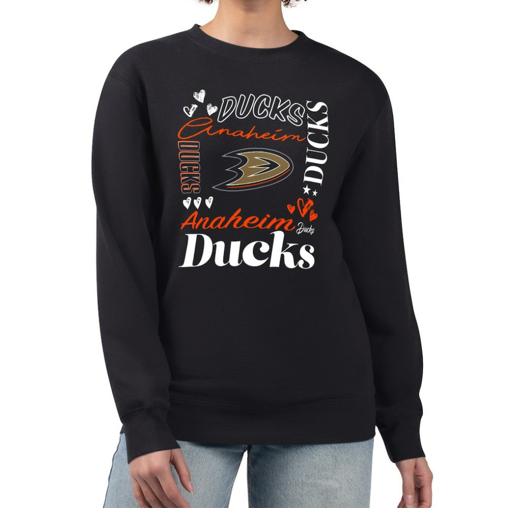 Anaheim Ducks G-III 4Her by Carl Banks Women's Collage Graphic Fleece Long Sleeve Pullover Sweatshirt - Black | NHL Lifestyle