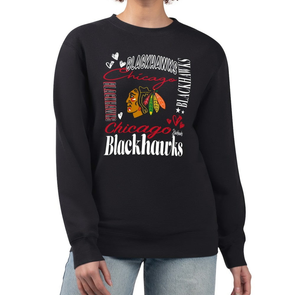 Chicago Blackhawks G-III 4Her by Carl Banks Women's Collage Graphic Fleece Long Sleeve Pullover Sweatshirt - Black | NHL on sale