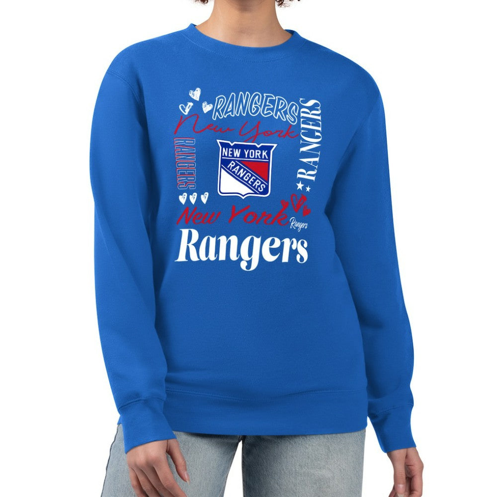 New York Rangers G-III 4Her by Carl Banks Women's Collage Graphic Fleece Long Sleeve Pullover Sweatshirt - Blue | NHL Lifestyle