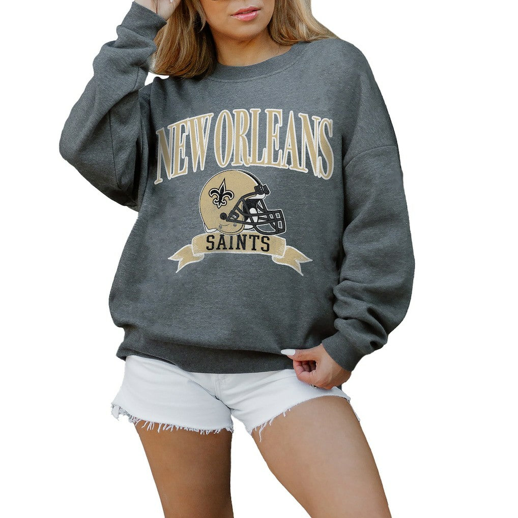 New Orleans Saints Gameday Couture Women's Oversized Seal The Deal Premium Fleece Drop Shoulder Pullover Sweatshirt - Charcoal - NFL
