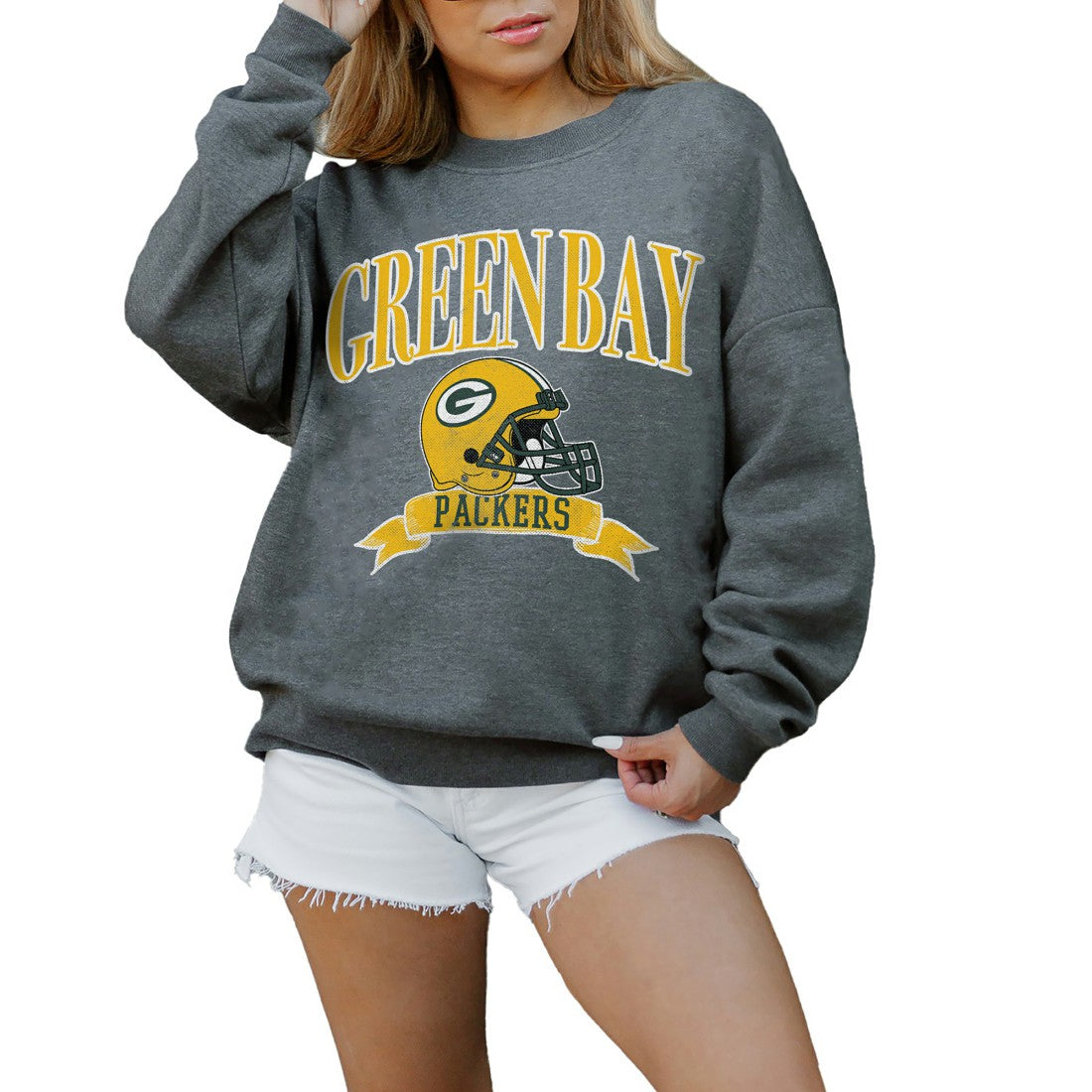 Green Bay Packers Gameday Couture Women's Oversized Seal The Deal Premium Fleece Drop Shoulder Pullover Sweatshirt - Charcoal - NFL