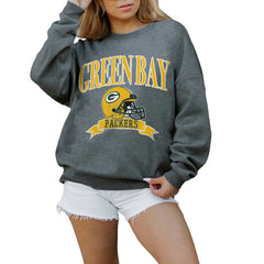 Green Bay Packers Gameday Couture Women's Oversized Seal The Deal Premium Fleece Drop Shoulder Pullover Sweatshirt - Charcoal - NFL