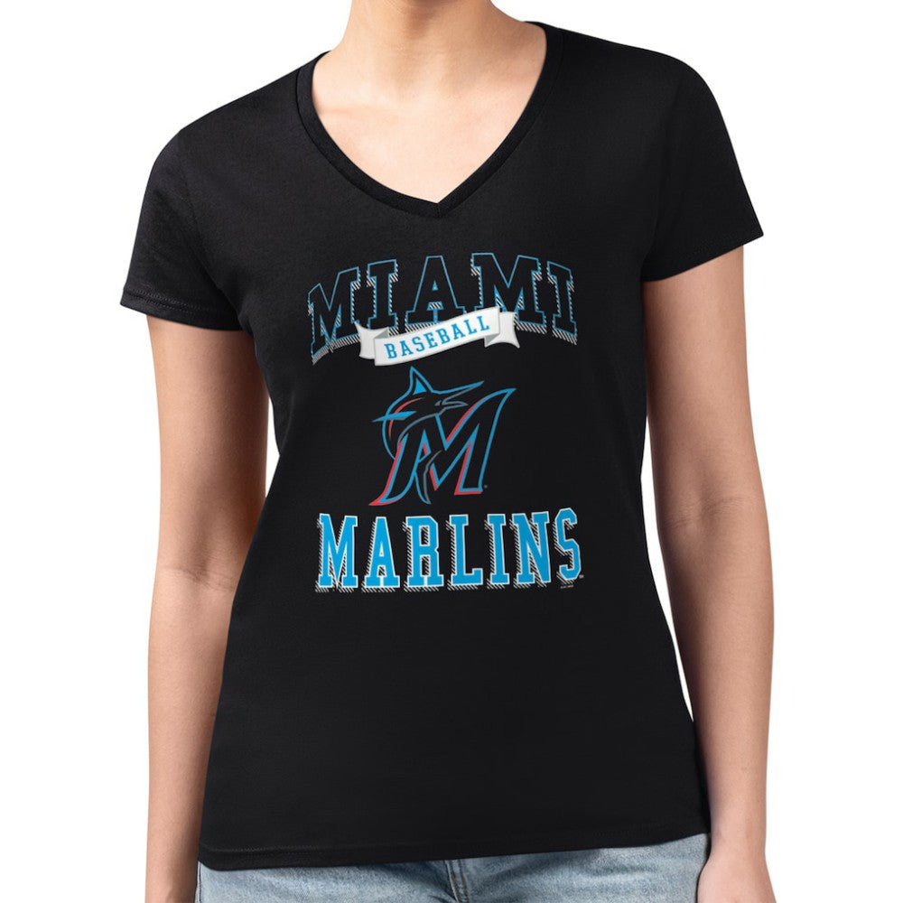 Miami Marlins G-III 4Her by Carl Banks Women's Super-Slim Fit Lightweight Team Logo Graphic V-Neck T-Shirt Near Me