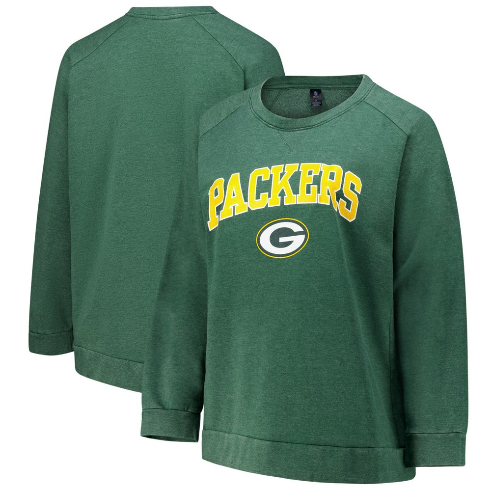 Green Bay Packers Profile Women's Plus Size Acid Wash Raglan Sweatshirt - Heather Green - NFL