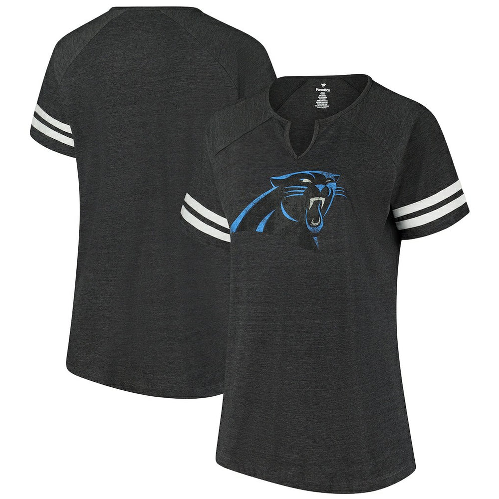 Carolina Panthers Women's Plus Size Logo Striped Raglan Notch Neck T-Shirt - Black - Fanatics