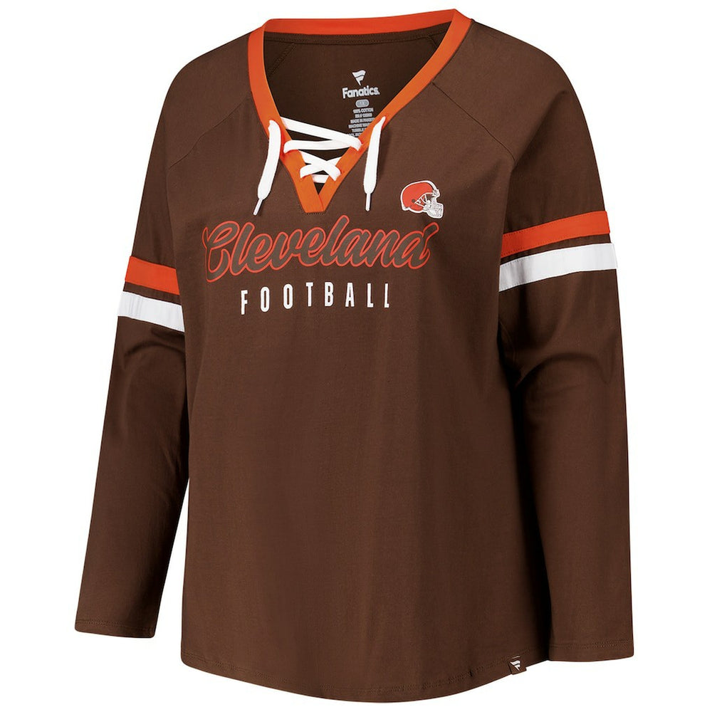 Cleveland Browns Women's Plus Size Won & Done Lace-Up V-Neck Long Sleeve T-Shirt - Brown - Fanatics