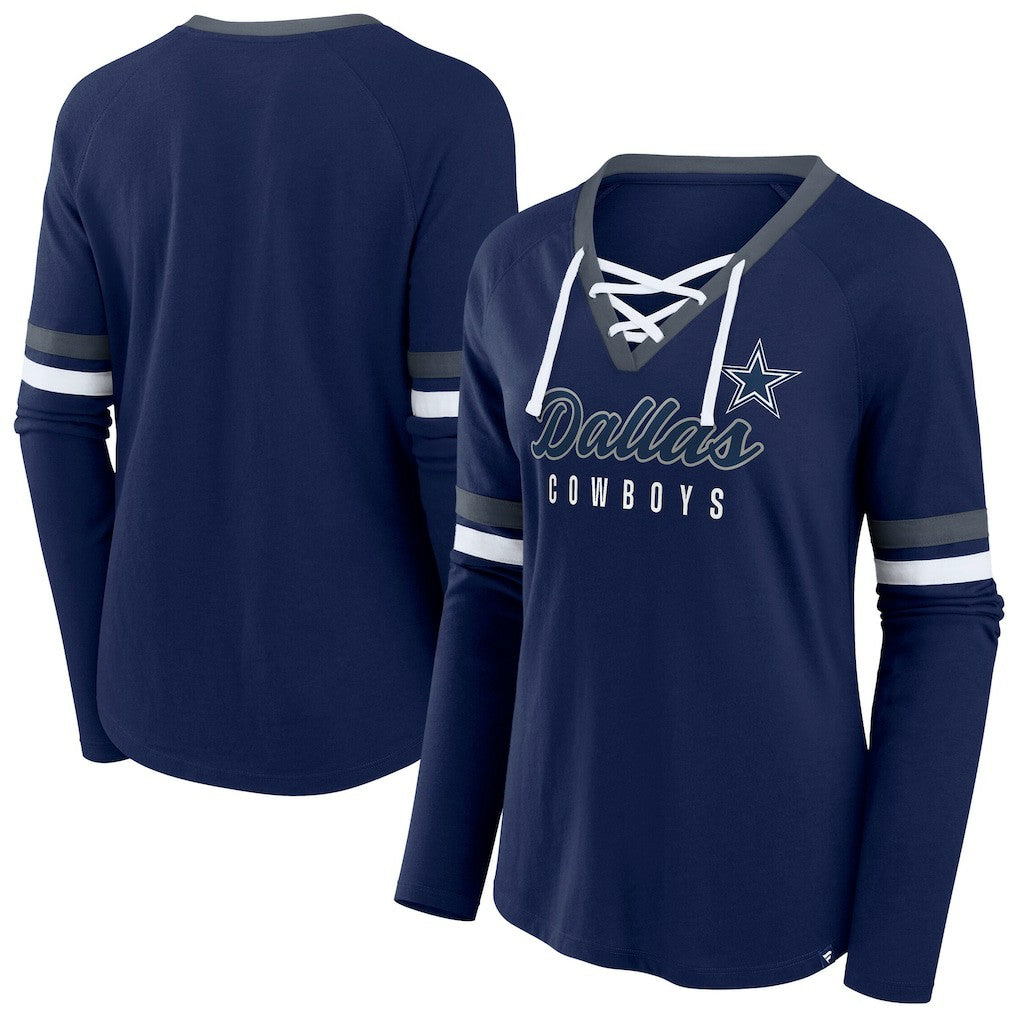 Dallas Cowboys Women's Plus Size Won & Done Lace-Up V-Neck Long Sleeve T-Shirt - Navy - Fanatics