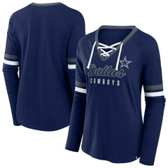 Dallas Cowboys Women's Plus Size Won & Done Lace-Up V-Neck Long Sleeve T-Shirt - Navy - Fanatics