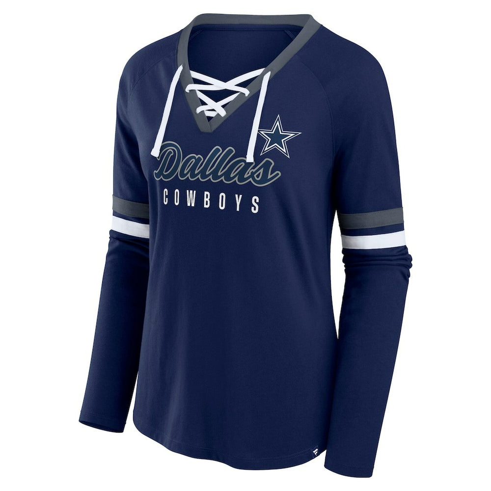 Dallas Cowboys Women's Plus Size Won & Done Lace-Up V-Neck Long Sleeve T-Shirt - Navy - Fanatics