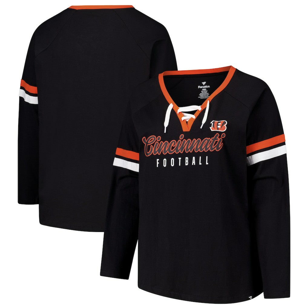 Cincinnati Bengals Women's Plus Size Won & Done Lace-Up V-Neck Long Sleeve T-Shirt - Black - Fanatics