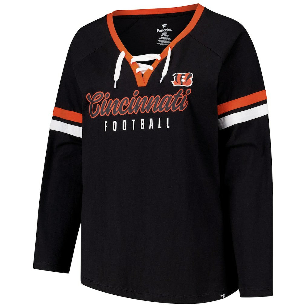 Cincinnati Bengals Women's Plus Size Won & Done Lace-Up V-Neck Long Sleeve T-Shirt - Black - Fanatics