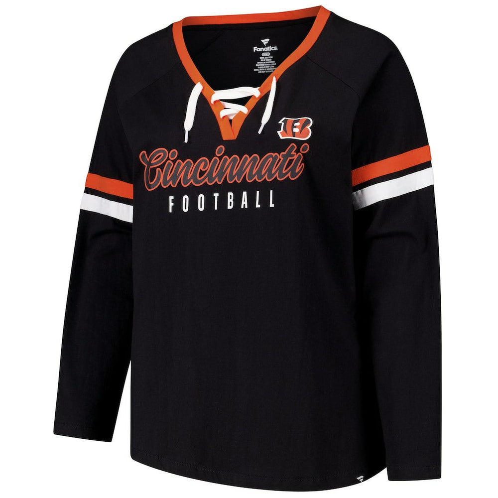 Cincinnati Bengals Women's Plus Size Won & Done Lace-Up V-Neck Long Sleeve T-Shirt - Black - Fanatics