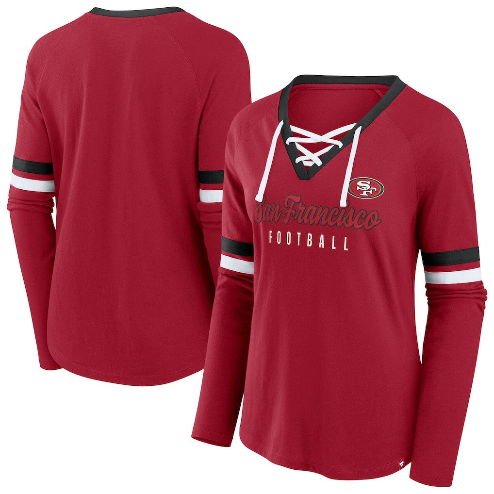 San Francisco 49ers Women's Plus Size Won & Done Lace-Up V-Neck Long Sleeve T-Shirt - Scarlet - Fanatics