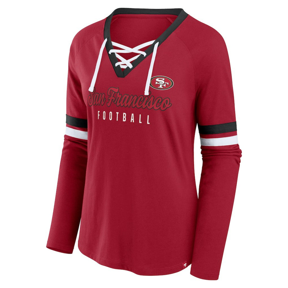 San Francisco 49ers Women's Plus Size Won & Done Lace-Up V-Neck Long Sleeve T-Shirt - Scarlet - Fanatics