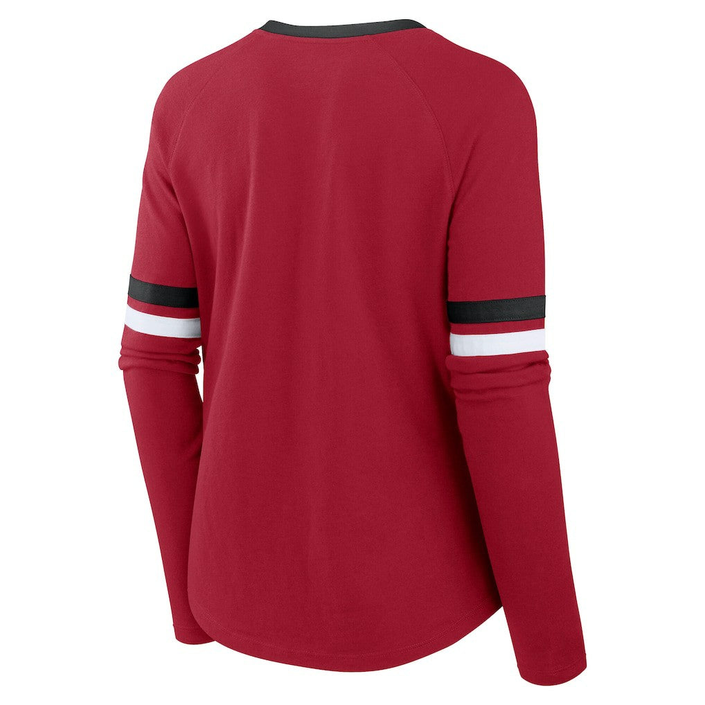 San Francisco 49ers Women's Plus Size Won & Done Lace-Up V-Neck Long Sleeve T-Shirt - Scarlet - Fanatics
