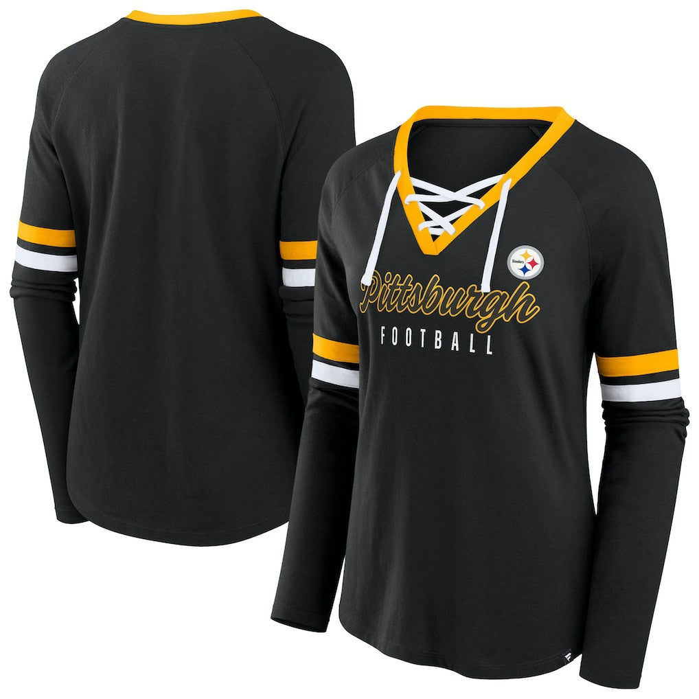 Pittsburgh Steelers Women's Plus Size Won & Done Lace-Up V-Neck Long Sleeve T-Shirt - Black - Fanatics