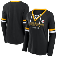 Pittsburgh Steelers Women's Plus Size Won & Done Lace-Up V-Neck Long Sleeve T-Shirt - Black - Fanatics