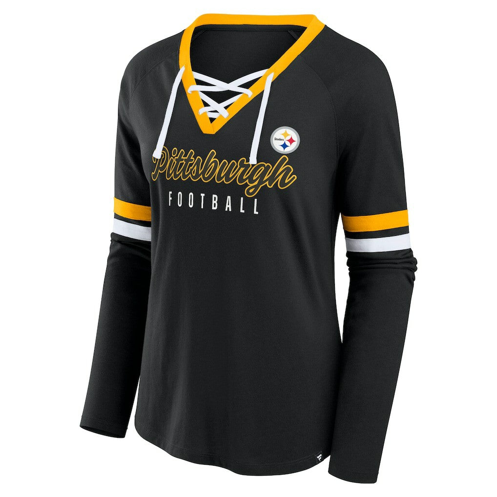 Pittsburgh Steelers Women's Plus Size Won & Done Lace-Up V-Neck Long Sleeve T-Shirt - Black - Fanatics