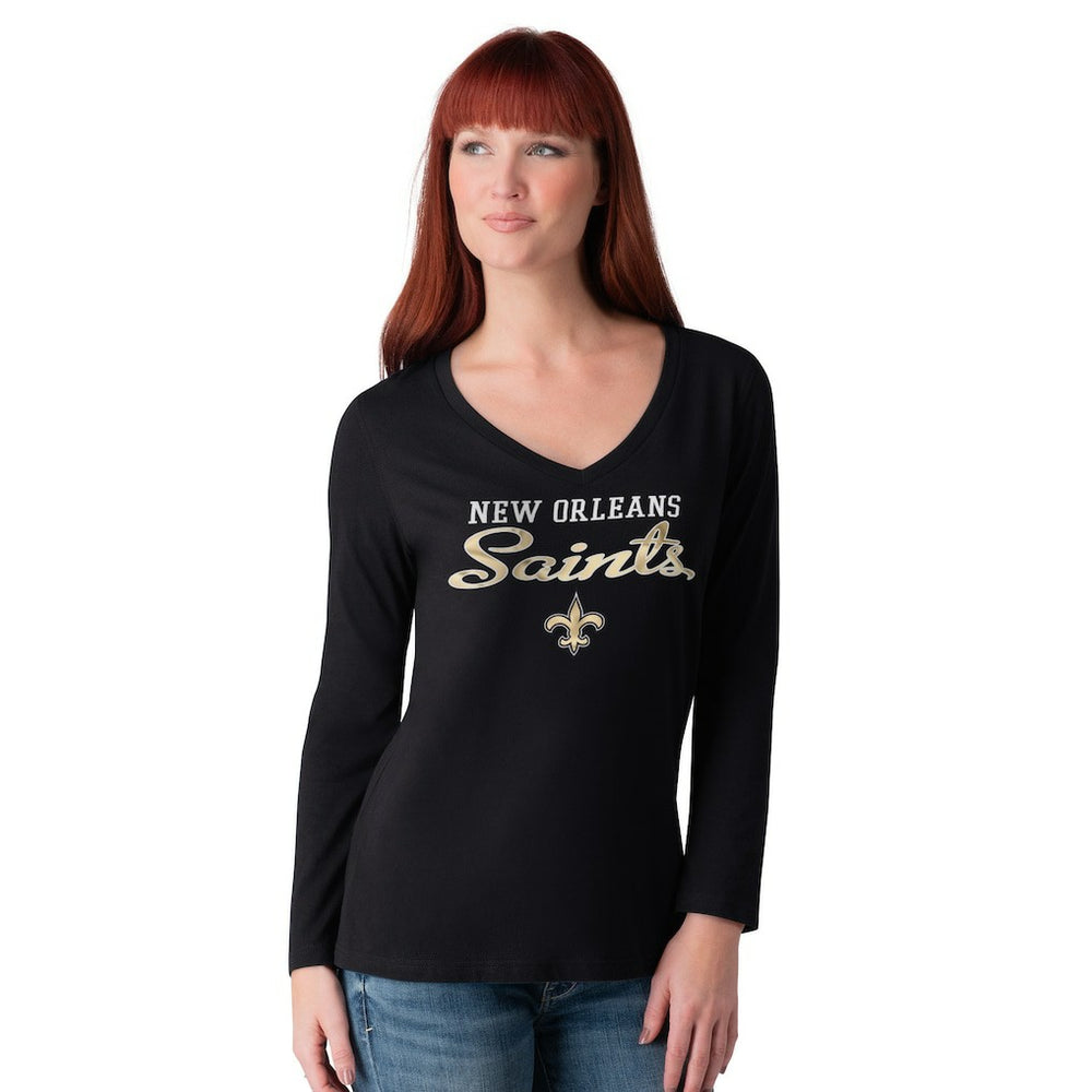 New Orleans Saints G-III 4Her by Carl Banks Women's Post Season Long Sleeve V-Neck T-Shirt - Black - NFL