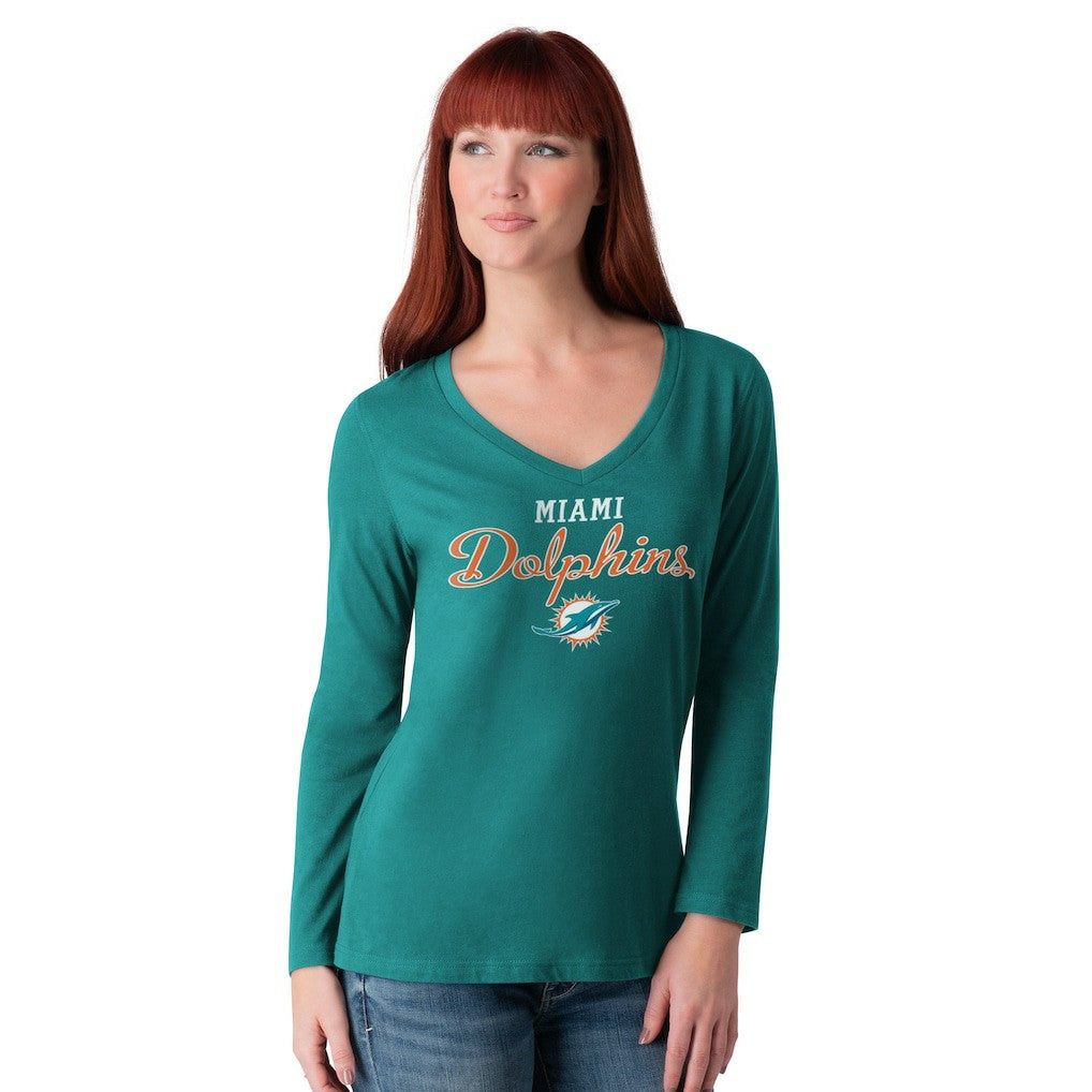 Miami Dolphins G-III 4Her by Carl Banks Women's Post Season Long Sleeve V-Neck T-Shirt - Aqua - NFL