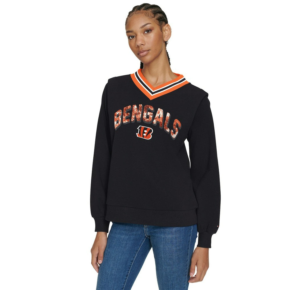 Cincinnati Bengals Tommy Hilfiger Women's Alice V-Neck Pullover Sweatshirt - Black - NFL