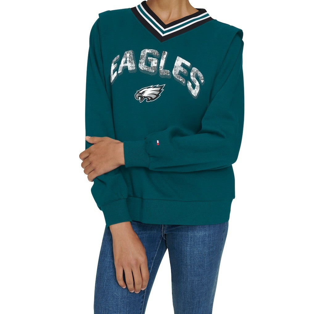 Philadelphia Eagles Tommy Hilfiger Women's Alice V-Neck Pullover Sweatshirt - Midnight Green - NFL