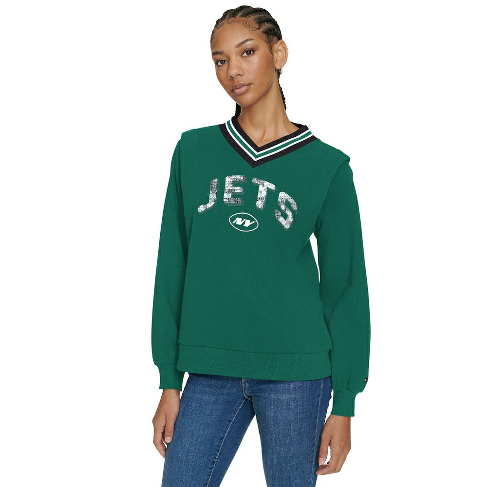 New York Jets Tommy Hilfiger Women's Alice V-Neck Pullover Sweatshirt - Green - NFL