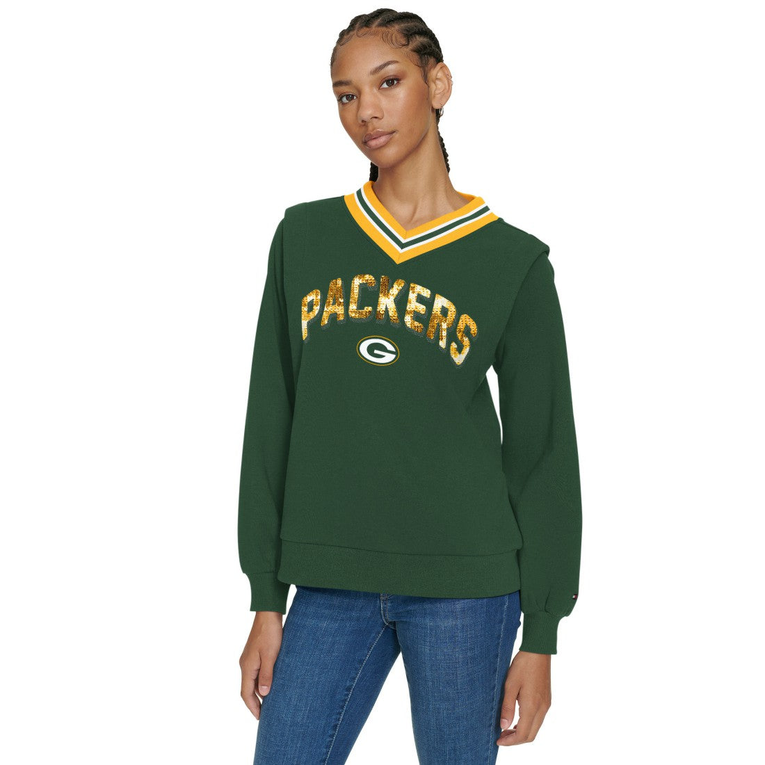 Green Bay Packers Tommy Hilfiger Women's Alice V-Neck Pullover Sweatshirt - Green - NFL
