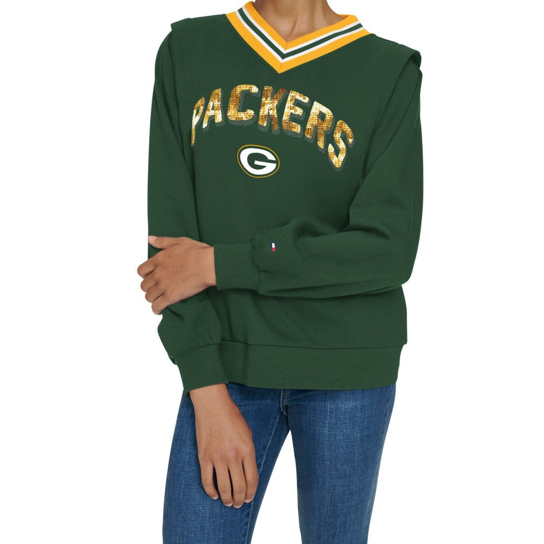 Green Bay Packers Tommy Hilfiger Women's Alice V-Neck Pullover Sweatshirt - Green - NFL