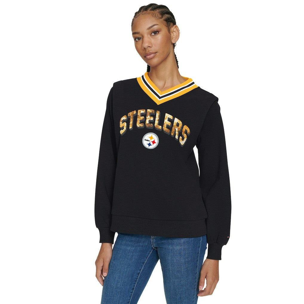 Pittsburgh Steelers Tommy Hilfiger Women's Alice V-Neck Pullover Sweatshirt - Black - NFL