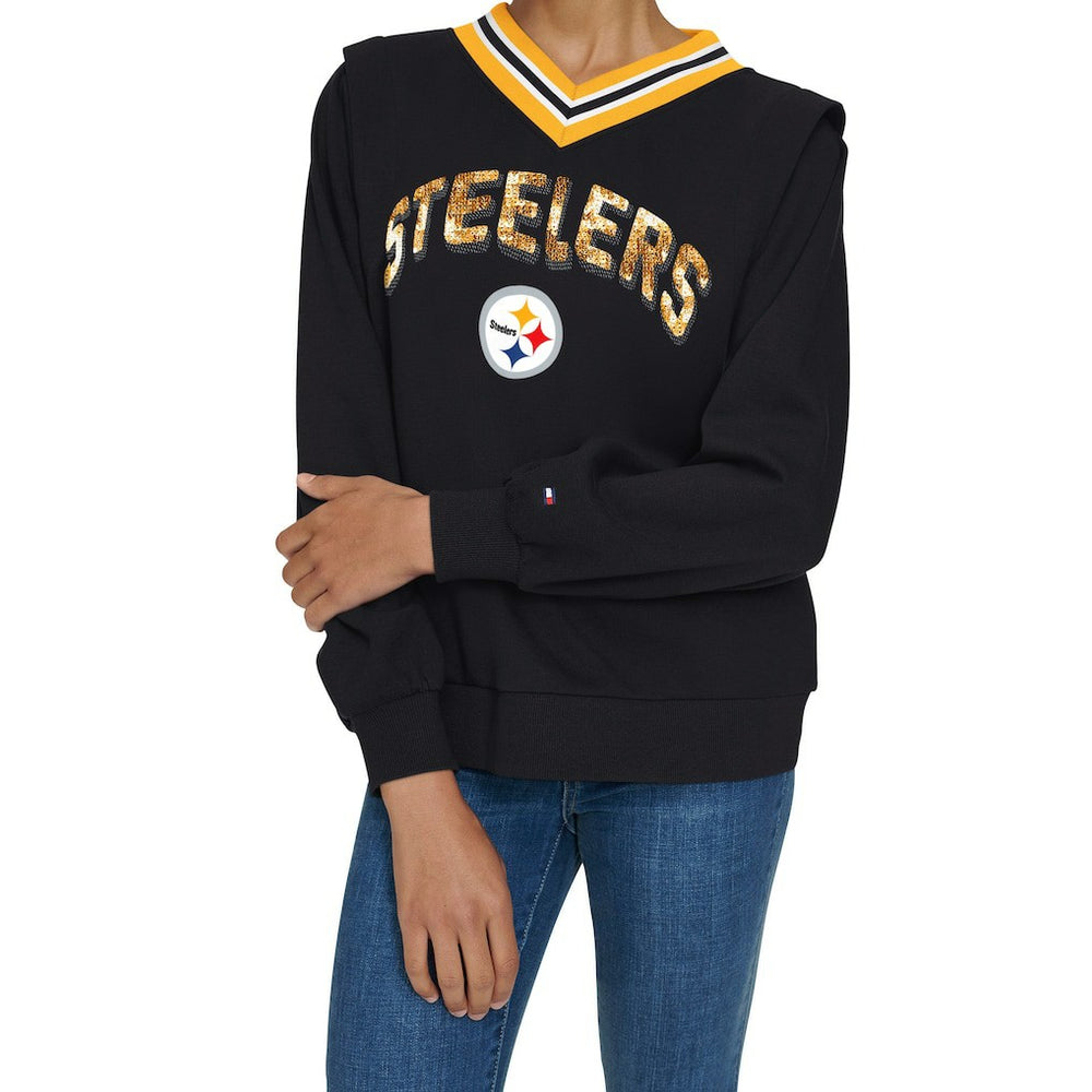 Pittsburgh Steelers Tommy Hilfiger Women's Alice V-Neck Pullover Sweatshirt - Black - NFL