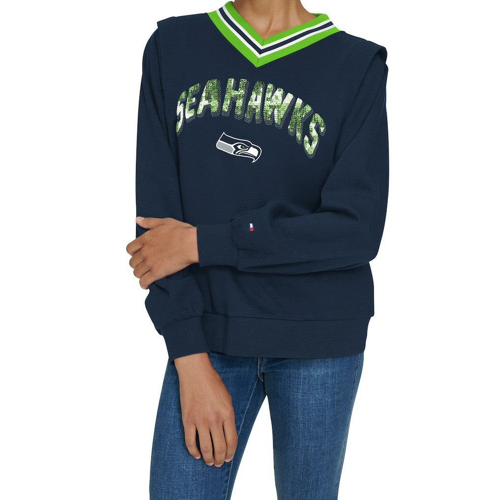 Seattle Seahawks Tommy Hilfiger Women's Alice V-Neck Pullover Sweatshirt - Navy - NFL