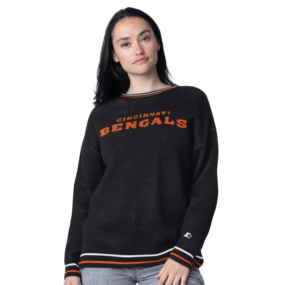 Cincinnati Bengals Starter Women's Oversized On the Ball Intarsia Knit Pullover Sweater - Black - NFL
