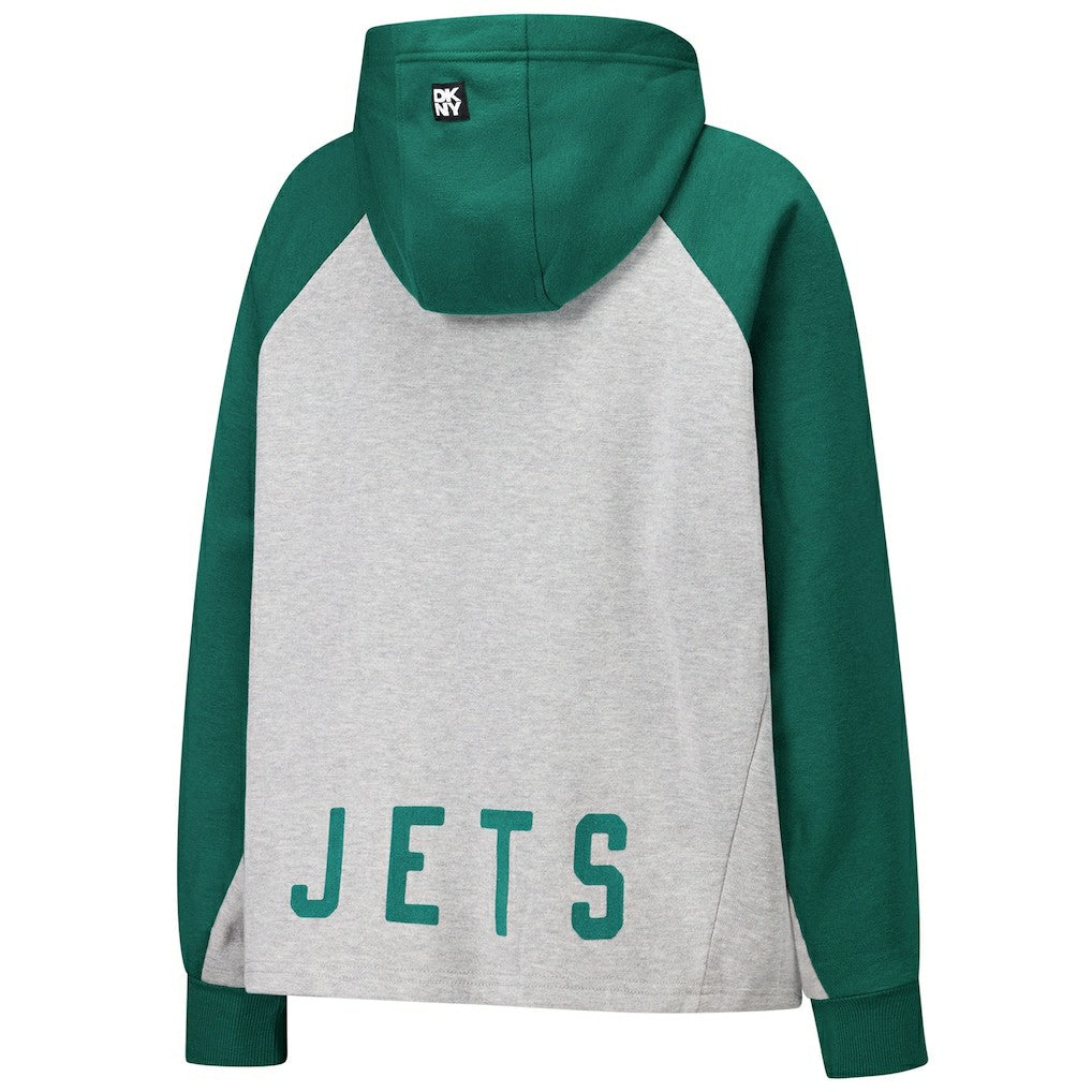 New York Jets DKNY Sport Women's Joy Cropped Raglan Pullover Hoodie - Gray/Green - NFL