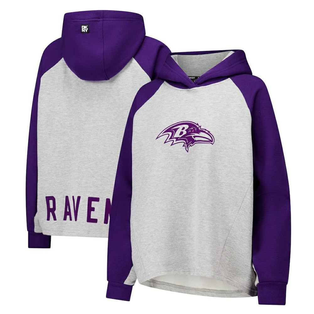 Baltimore Ravens DKNY Sport Women's Joy Cropped Raglan Pullover Hoodie - Gray/Purple - NFL