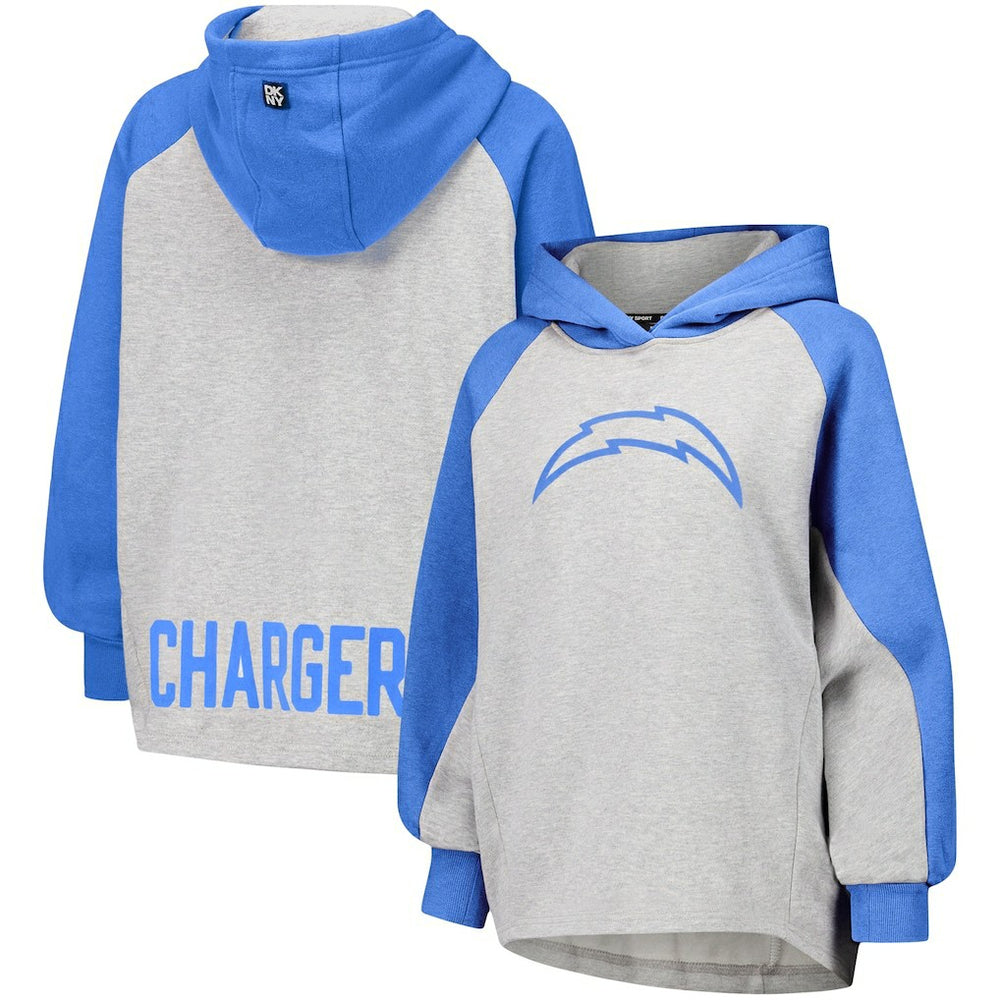 Los Angeles Chargers DKNY Sport Women's Joy Cropped Raglan Pullover Hoodie - Gray/Powder Blue - NFL