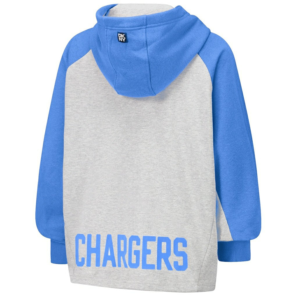 Los Angeles Chargers DKNY Sport Women's Joy Cropped Raglan Pullover Hoodie - Gray/Powder Blue - NFL
