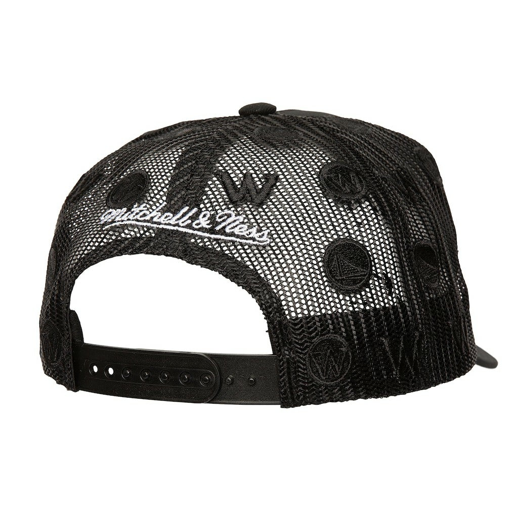 Mitchell & Ness Golden State Warriors Monogram Allover Logo Mesh Trucker Adjustable Hat Black