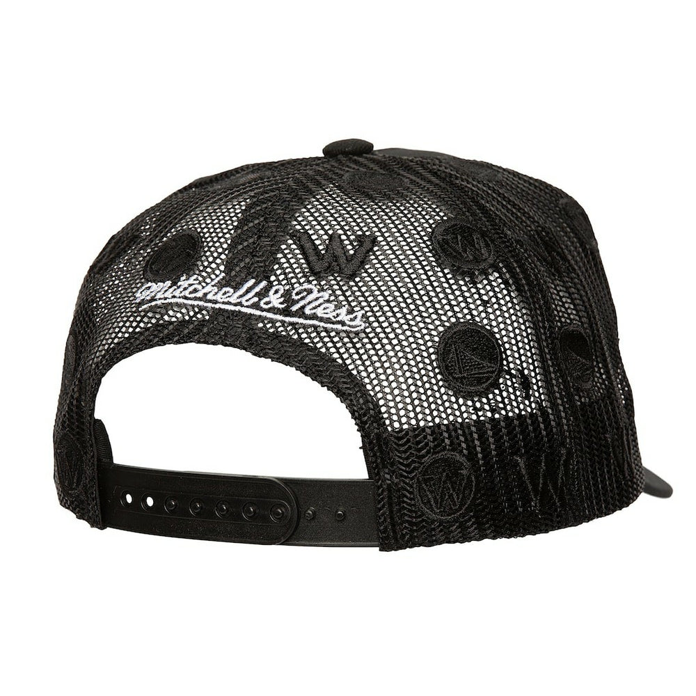Mitchell & Ness Golden State Warriors Monogram Allover Logo Mesh Trucker Adjustable Hat Black