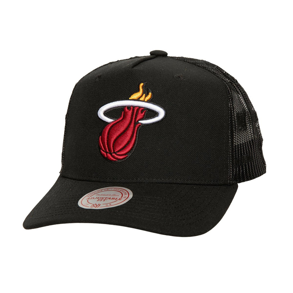 Mitchell & Ness Miami Heat Monogram Allover Logo Mesh Trucker Adjustable Hat Black