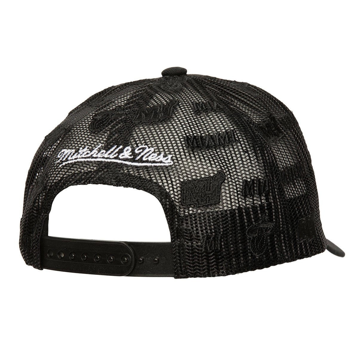 Mitchell & Ness Miami Heat Monogram Allover Logo Mesh Trucker Adjustable Hat Black